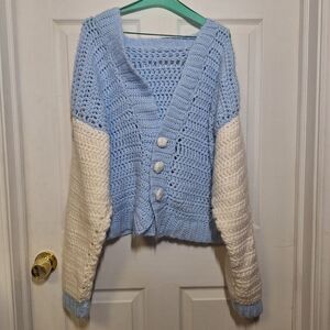 Handmade Crocheted Blue White Cropped Cardigan Sweater Grannycore Hipster Size L